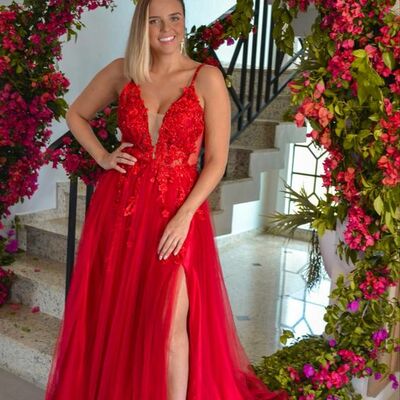 Red lace plus size prom dress formal gown party dress  - Thumbnail 1