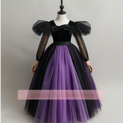Cute Purple And Black Tulle Hand Made Flower Girl Dresses Brithday Party Princess First Communion Pageant Kids Skirt W8-10.5