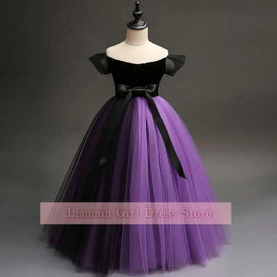 Cute purple and black tulle hand made flower girl dresses brithday party princess first communion pageant kids skirt w8-10.7