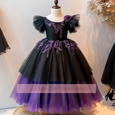 Cute Purple And Black Tulle Hand Made Flower Girl Dresses Brithday Party Princess First Communion Pageant Kids Skirt W8-10.3