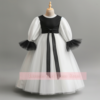White and black tulle full length flower girl dresses brithday party princess first communion pageant kids skirt w8-12.2