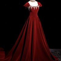 Burgundy Velvet Long Prom dress - Thumbnail 1