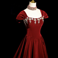 Burgundy Velvet Long Prom dress - Thumbnail 2