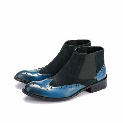 Blue color chelsea burnished brogue toe wing tip black suede leather ankle boots - Thumbnail 1