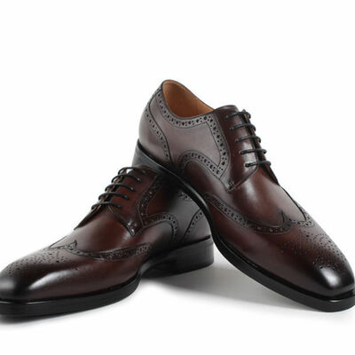 Men's coffee brown wingtip derby full brogue burnished toe vintage leather shoes