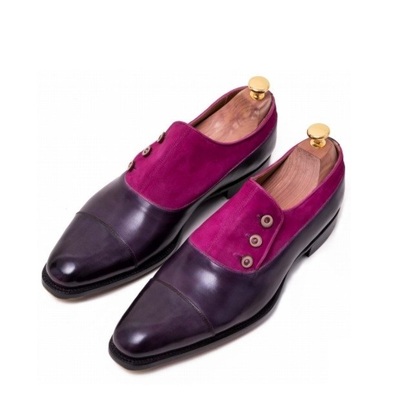 Two Tone Pink Purple Contrast Plain Cap Toe Black Sole Buttons Leather Shoes
