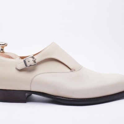 Single buckle strap white monk plain rounded toe genuine leather men shoes