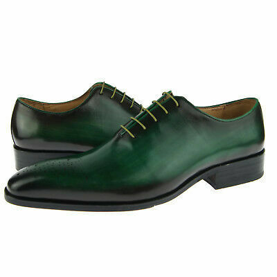 Genuine leather burnished green tone oxford made to order black sole laceupshoes