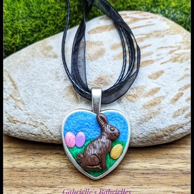 Chocolate rabbit with easter eggs heart shaped pendant polymer clay necklace 