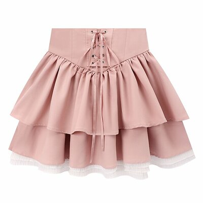 Pink pinch waist strap skirt high waist ruffle patchwork cake skirt bow tutu skirt