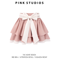 Pink pinch waist strap skirt high waist ruffle patchwork cake skirt bow tutu skirt - Thumbnail 2