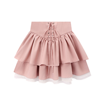 Pink pinch waist strap skirt high waist ruffle patchwork cake skirt bow tutu skirt - Thumbnail 5