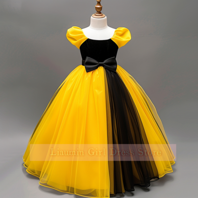 Cute yellow and black tulle full length flower girl dresses brithday party princess first communion pageant skirt custom w8-16.7
