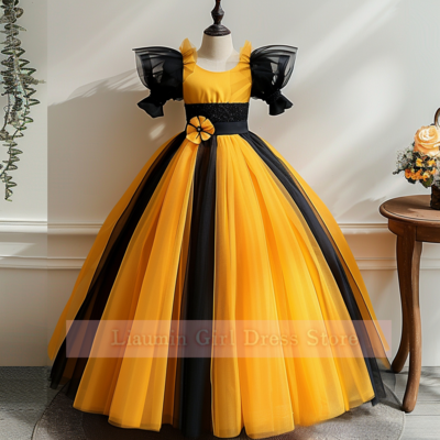 Cute yellow and black tulle full length flower girl dresses brithday party princess first communion pageant skirt custom w8-16.6
