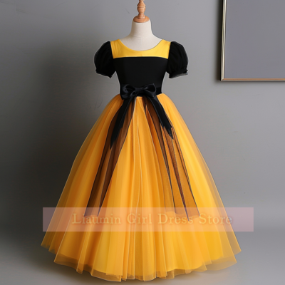 Yellow and black tulle long sleeve flower girl dresses brithday party princess first communion pageant kids skirt custom w8-17.5