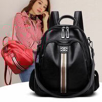 Casual Multipurpose Stripe Satchel Bags Daypack Nurse Bag Work Soft PU Leather College Women's Backpack - Thumbnail 3