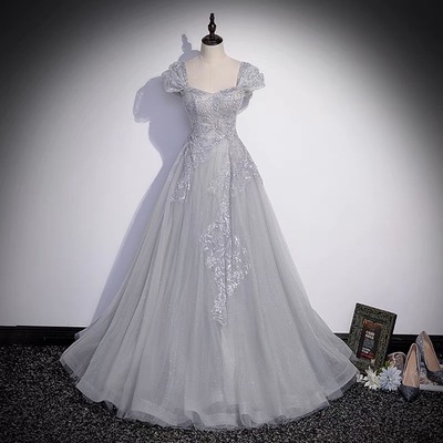 Gray tulle lace long prom dress a line evenig gown，1024