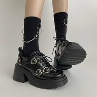 Fashion Black Heart Buckle Lace Up Leather Shoes - Thumbnail 3