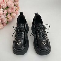 Fashion Black Heart Buckle Lace Up Leather Shoes - Thumbnail 1