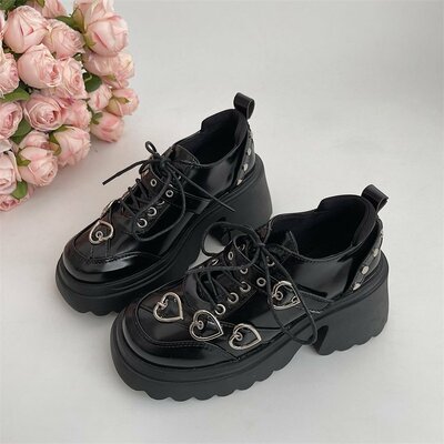 Fashion Black Heart Buckle Lace Up Leather Shoes