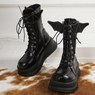 Black Lace Up Motorcycle Boots With Bat Wings