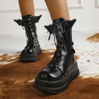 Black Lace Up Motorcycle Boots With Bat Wings - Thumbnail 4