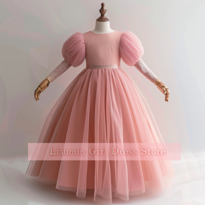 Pink Tulle Puffy Sleeve Full Length Flower Girl Dresses Brithday Party Princess First Communion Pageant Child Skirt W8-27.2