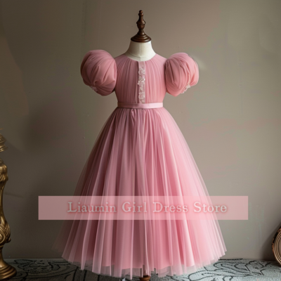 Pink tulle puffy sleeve full length flower girl dresses brithday party princess first communion pageant child skirt w8-27.3