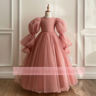 Pink Tulle Puffy Sleeve Full Length Flower Girl Dresses Brithday Party Princess First Communion Pageant Child Skirt W8-27.4