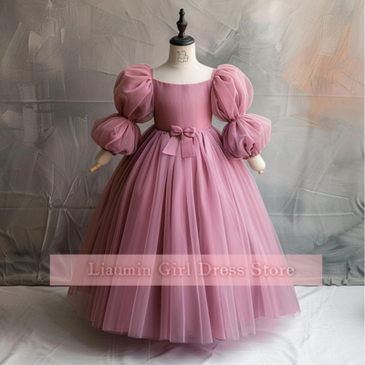 Pink Tulle Puffy Sleeve Full Length Flower Girl Dresses Brithday Party Princess First Communion Pageant Child Skirt W8-27.6