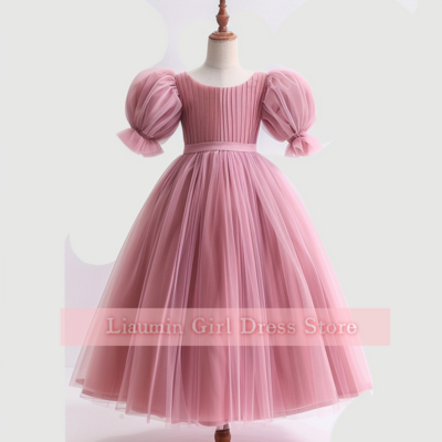 Pink tulle puffy sleeve full length flower girl dresses brithday party princess first communion pageant child skirt w8-27.7