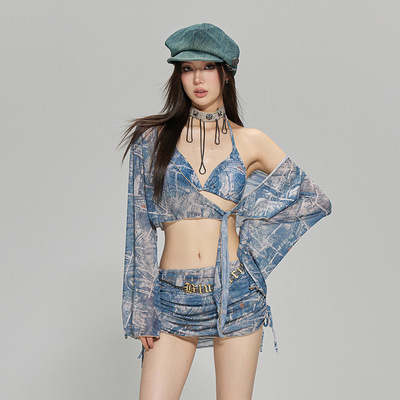 4pcs Denim Style Swimsuit Set