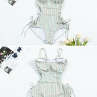 Side Bandage Stripe Swimsuit With Pearl Strap - Thumbnail 6