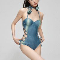 Denim-look Side Bandage Floral Halter Swimsuit - Thumbnail 5