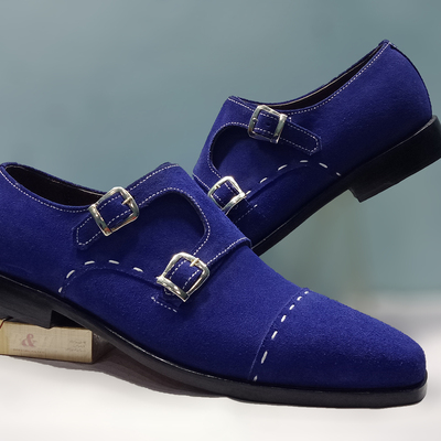 Double monk luxury dress shoes, men's blue formal designer suede leather shoes