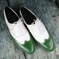 Genuine Two Tone Green White Leather Handcrafted Oxford Lace Up Men Shoes - Thumbnail 1