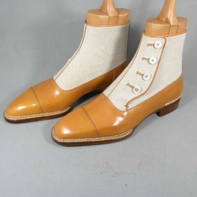 Handmade two tone button boots men ankle high button boots tan leather boots - Thumbnail 1