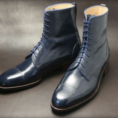 New handmade men,s ankle high blue leather lace up combat boots
