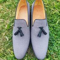Bespoke Custom Made Men Shoes Black & White Fabric Calf-Skin Leather Tassel Loafers Dress - Thumbnail 1