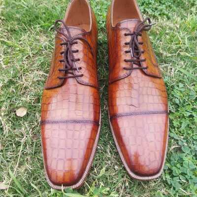 Handmade men brown oxford crocodile texture leather dress shoes  - Thumbnail 4