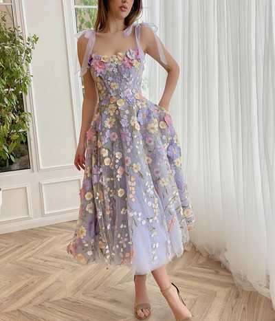 Cute A-Line Lilac Tea Length Party Dress with 3D Flowers,1752