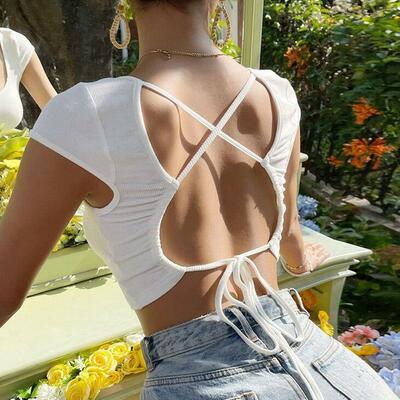 Criss cross lace up back short sleeve top - Thumbnail 2