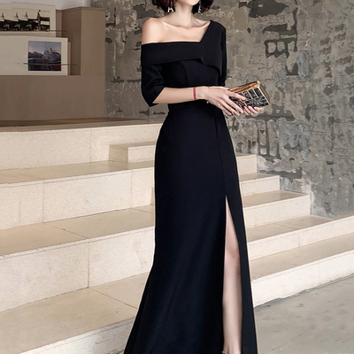 Black one shoulder long prom dress with slit,1754