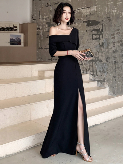 Black One Shoulder Long Prom Dress with Slit,1754