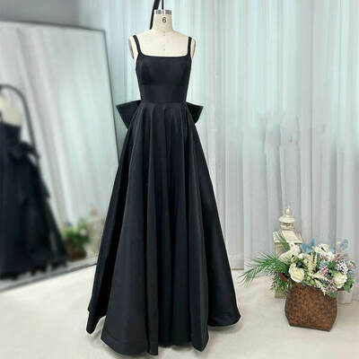 A-line black square neck long prom dress with bow,1756