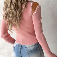V-Neck Bead Off Shoulder Solid Pink Top - Thumbnail 3