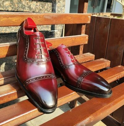 Luxury Men's Handmade Burgundy Oxfords Cap Toe Leather Lace Up Shoes