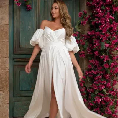 Satin split bridal gown,open back white lace wedding dress