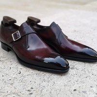 Handmade Men's Monk Shoes, Men's Burgundy Black Color Leather Monk Strap Casual Shoes - Thumbnail 1