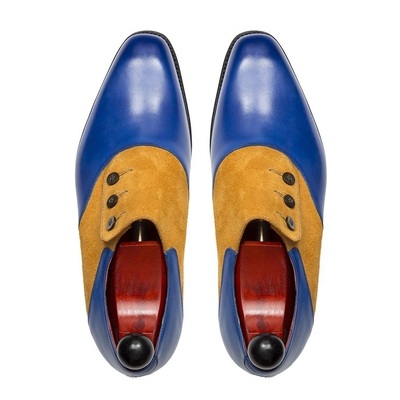 Original leather & suede men handmade two tone formal button tan and blue shoes